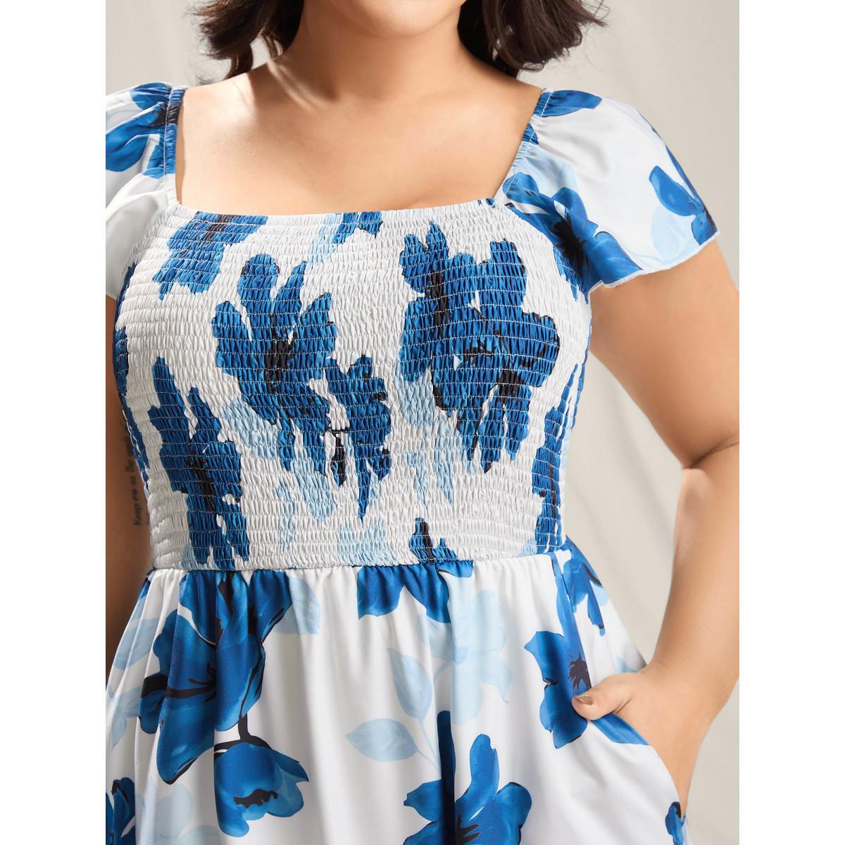 Plus Size Floral Pattern Shirred Pockets Midi Dress Mediumblue Women Square Neck Cap Sleeve Curvy BloomChic 10/M Product Image