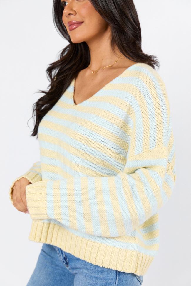 Wait A Minute Yellow and Blue Multi Striped V-Neck Sweater FINAL SALE Product Image