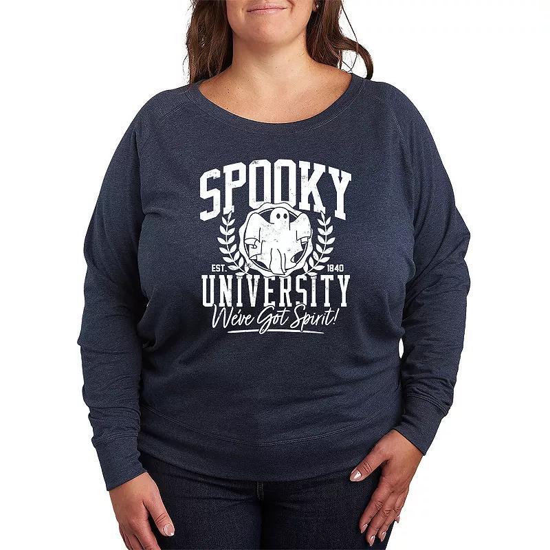 Plus Size Spooky University French Terry Long Sleeve Tee, Womens Grey Green Product Image
