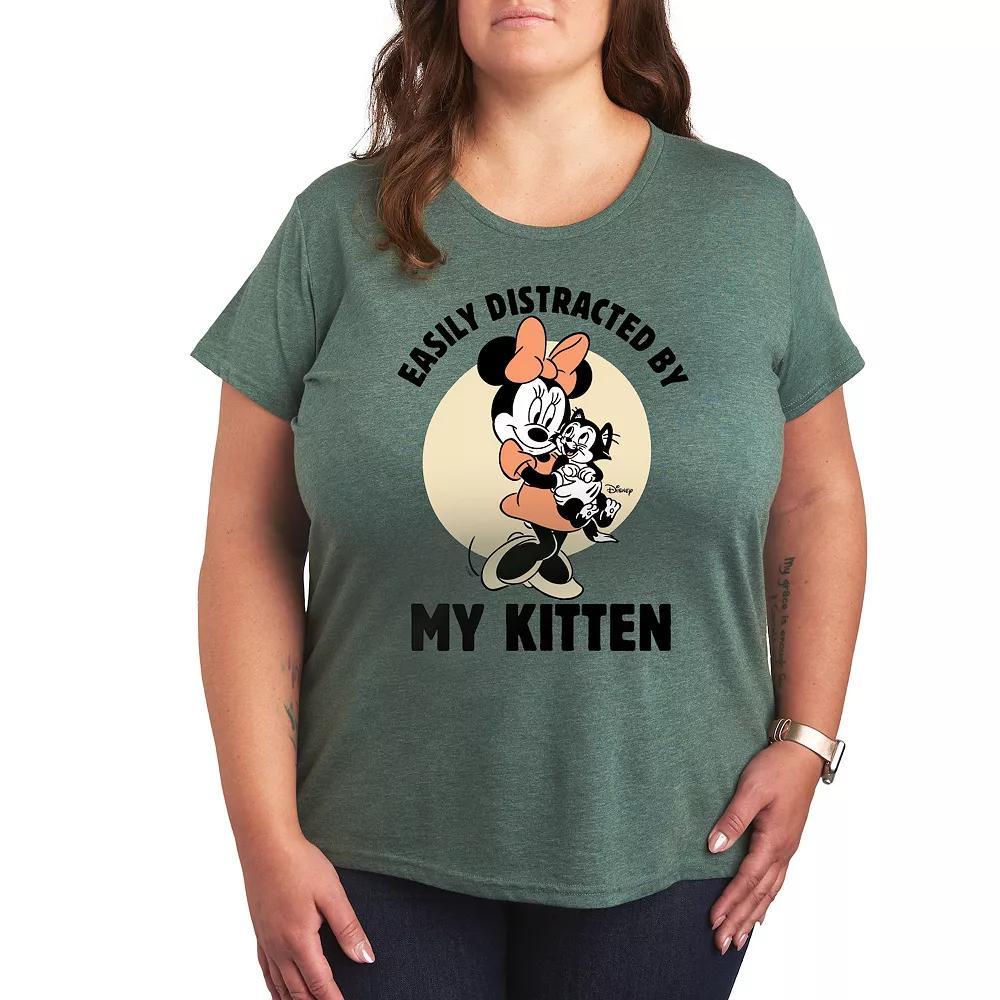Disneys Minnie Mouse Plus Distracted By Kittens Graphic Tee, Womens Grey Green Product Image