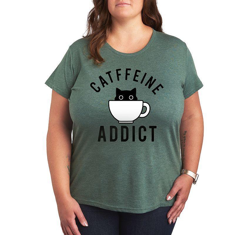 Plus Catffeine Addict Graphic Tee, Womens Grey Green Product Image