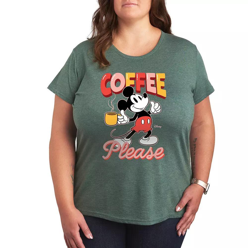 Disneys Mickey Mouse Plus Coffee Please Graphic Tee, Womens Grey Green Product Image