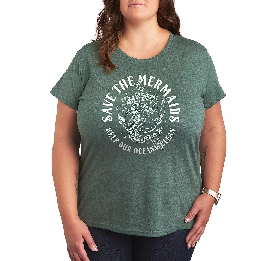 Plus Save The Mermaids Graphic Tee, Womens Grey Green Product Image
