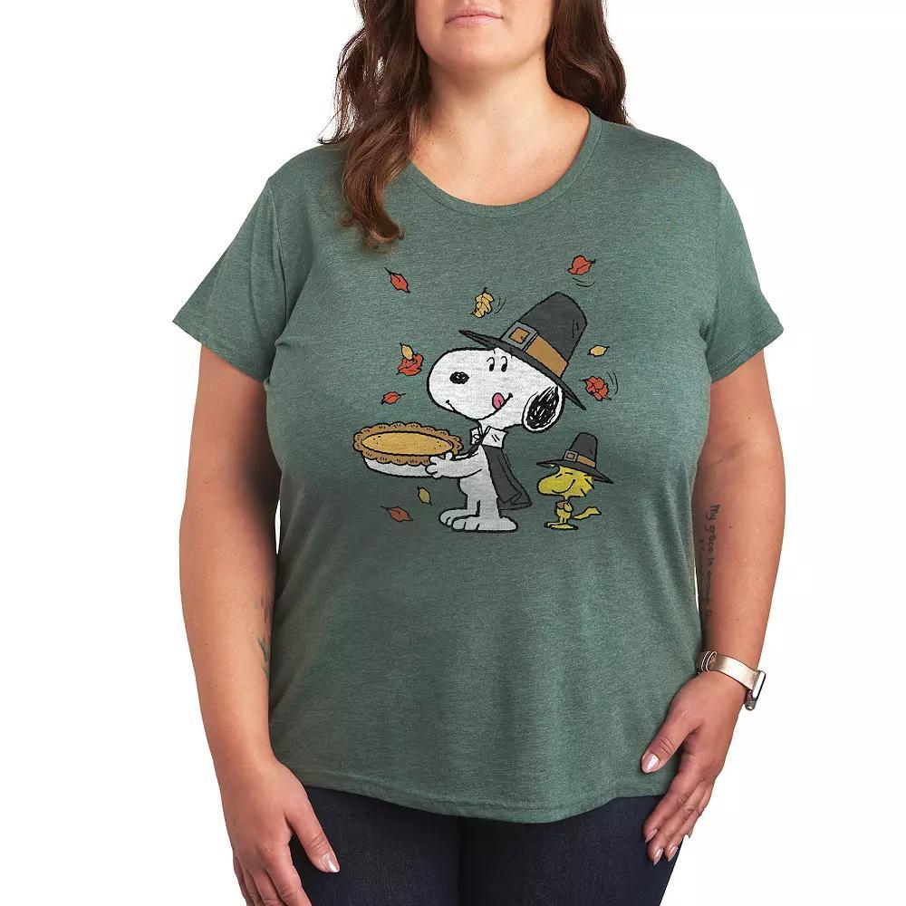 Plus Peanuts Snoopy and Woodstock Thanksgiving Scene Graphic Tee, Women's, Size: 2XL, Grey Green Product Image