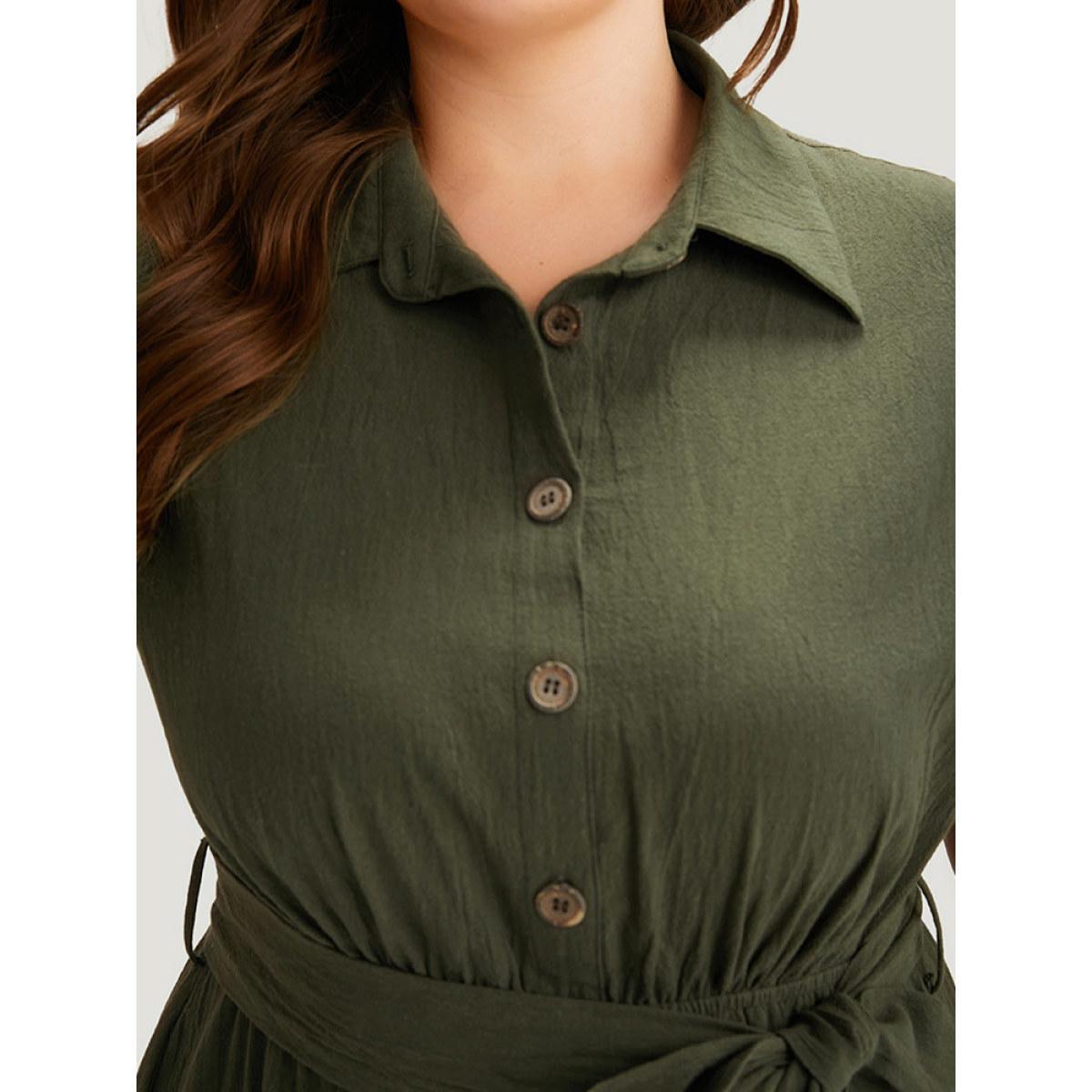 Plus Size Solid Shirt Collar Belted Button Up Tank Dress ArmyGreen Women Office Plain Shirt collar Sleeveless Curvy Knee Dress BloomChic 18-20/2X Product Image