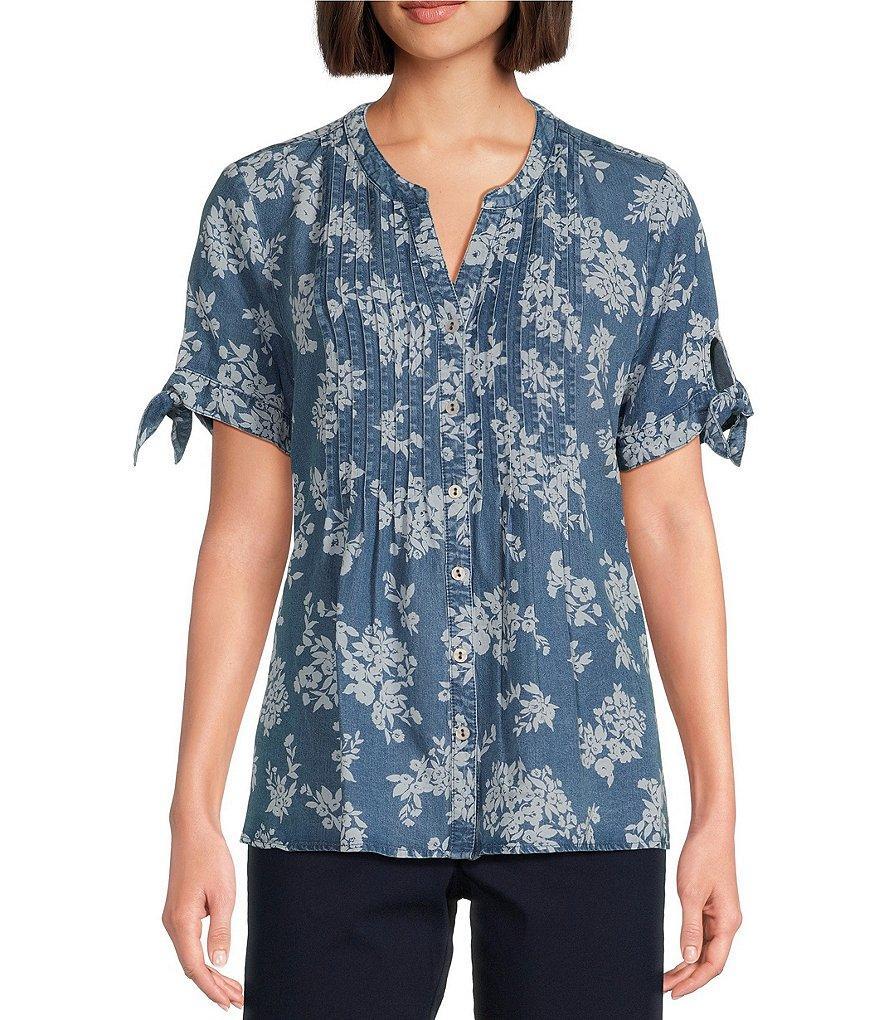 Allison Daley Blooming Flowers Print Short Tie Sleeve Y-Neck Button-Front Pintuck Blouse Product Image