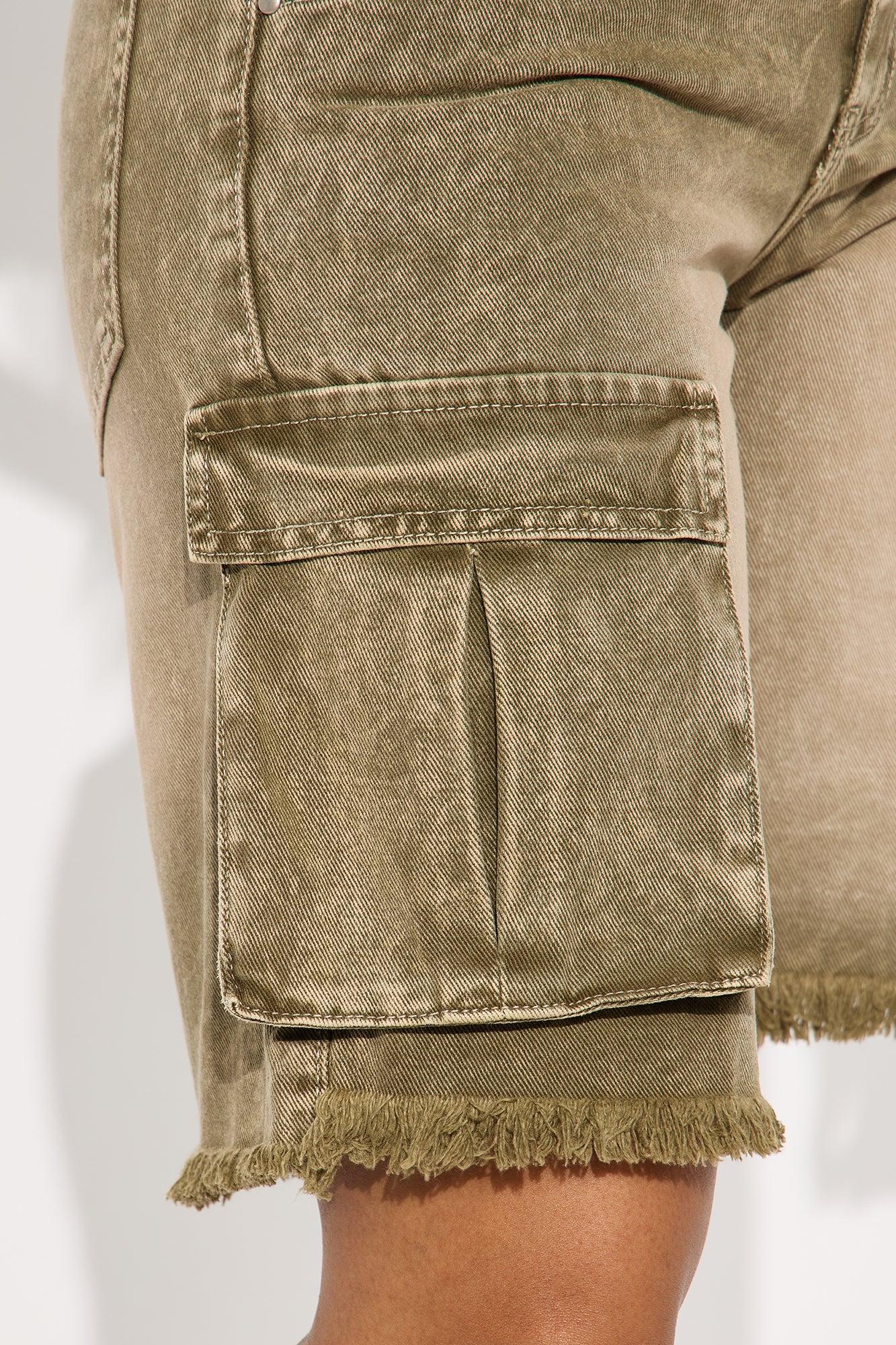 Live And Learn Cargo Denim Jorts - Olive Product Image