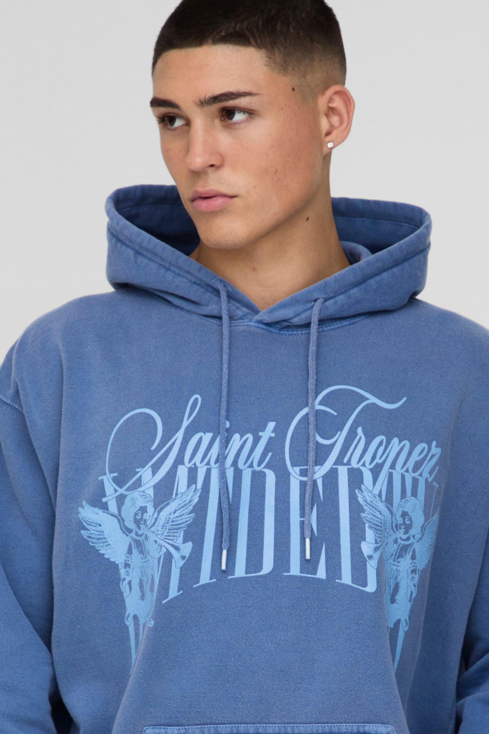 Oversized Saint Tropez Renaissance Graphic Washed Hoodie | boohooMAN USA Product Image