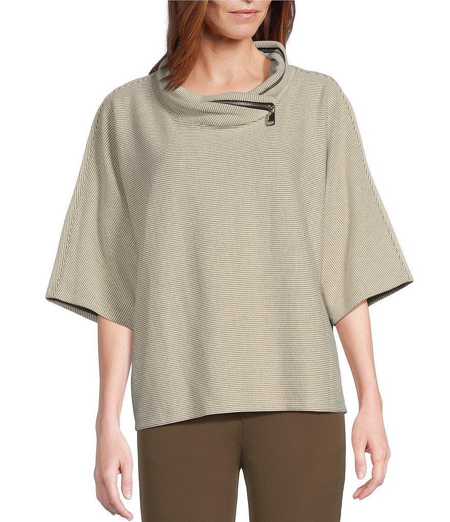 Multiples Faux-Zipper Trim Mock Neck 3/4 Dolman Sleeve Hi-Low Hem Sweater Knit Top Product Image