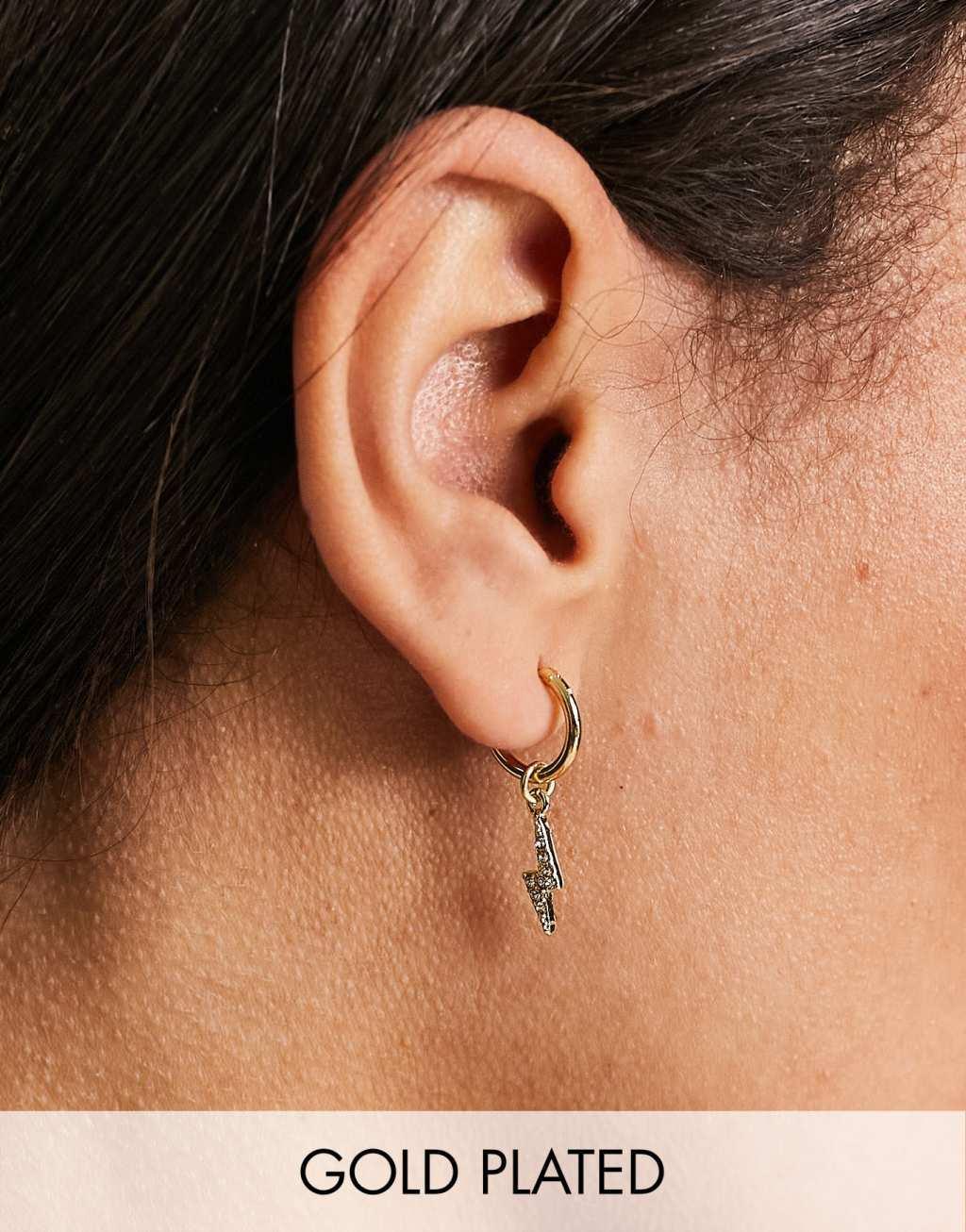 Pieces Exclusive 18k plated hoop earrings with lightning bolt drop Product Image
