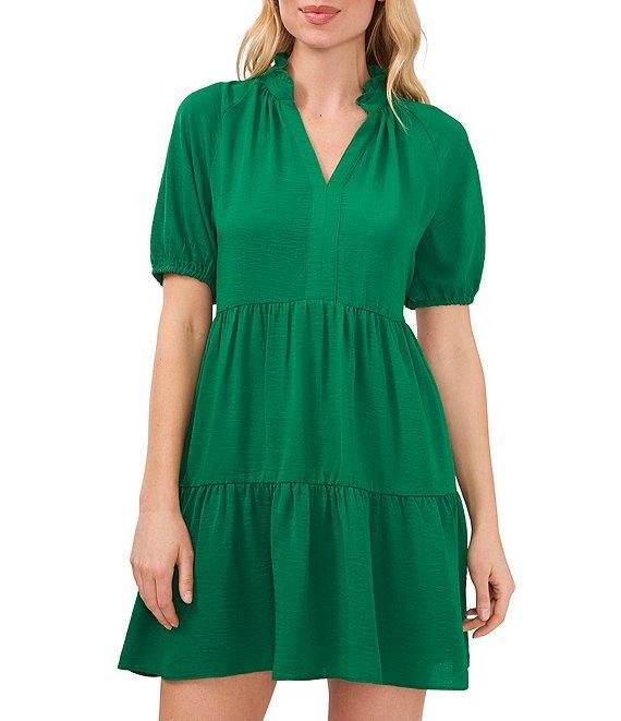 CeCe Ruffle Mock V-Neck Short Puffed Sleeve Tiered Mini Dress Product Image