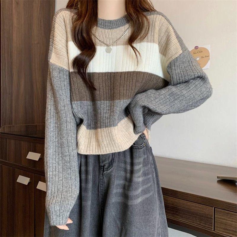 Drop Shoulder Round Neck Striped Crop Sweater Product Image
