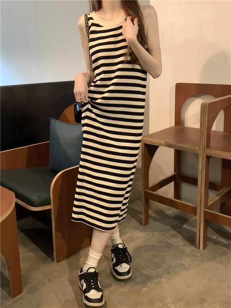 Striped Sleeveless Round Neck Bodycon Long Dress Product Image