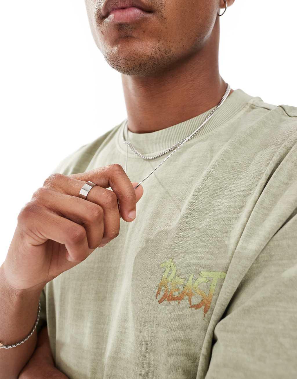 Only & Sons relaxed fit T-shirt with retro beast back print in washed khaki Product Image