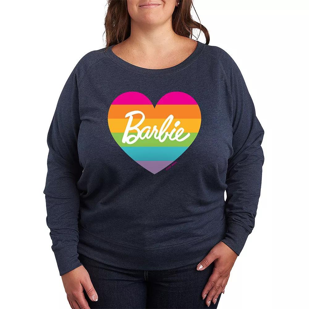 Plus Size Barbie Pride Rainbow Heart French Terry Long Sleeve Tee, Womens Grey Indigo Product Image