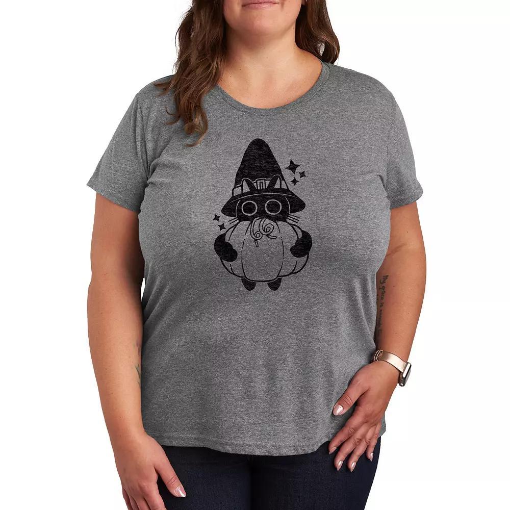 Plus Size Witch Cat With Pumpkin Graphic Tee, Womens Grey Gray Product Image