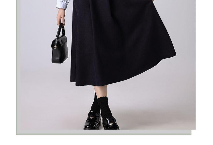 Long-Sleeve Collared Mock Two-Piece Striped Panel Pleated Midi A-Line Dress Product Image
