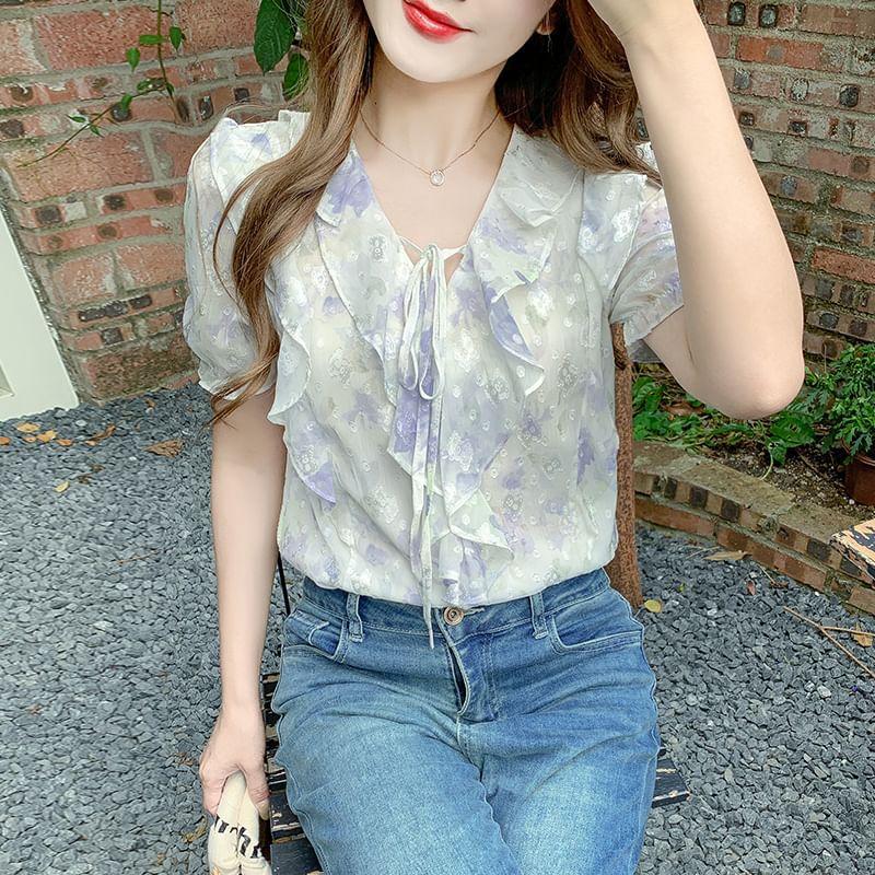 Short-Sleeve V-Neck Patterned Print Ruffle Blouse Product Image