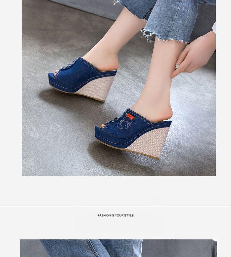 Peep-Toe Wedge-Heel Denim Slide Sandals Product Image