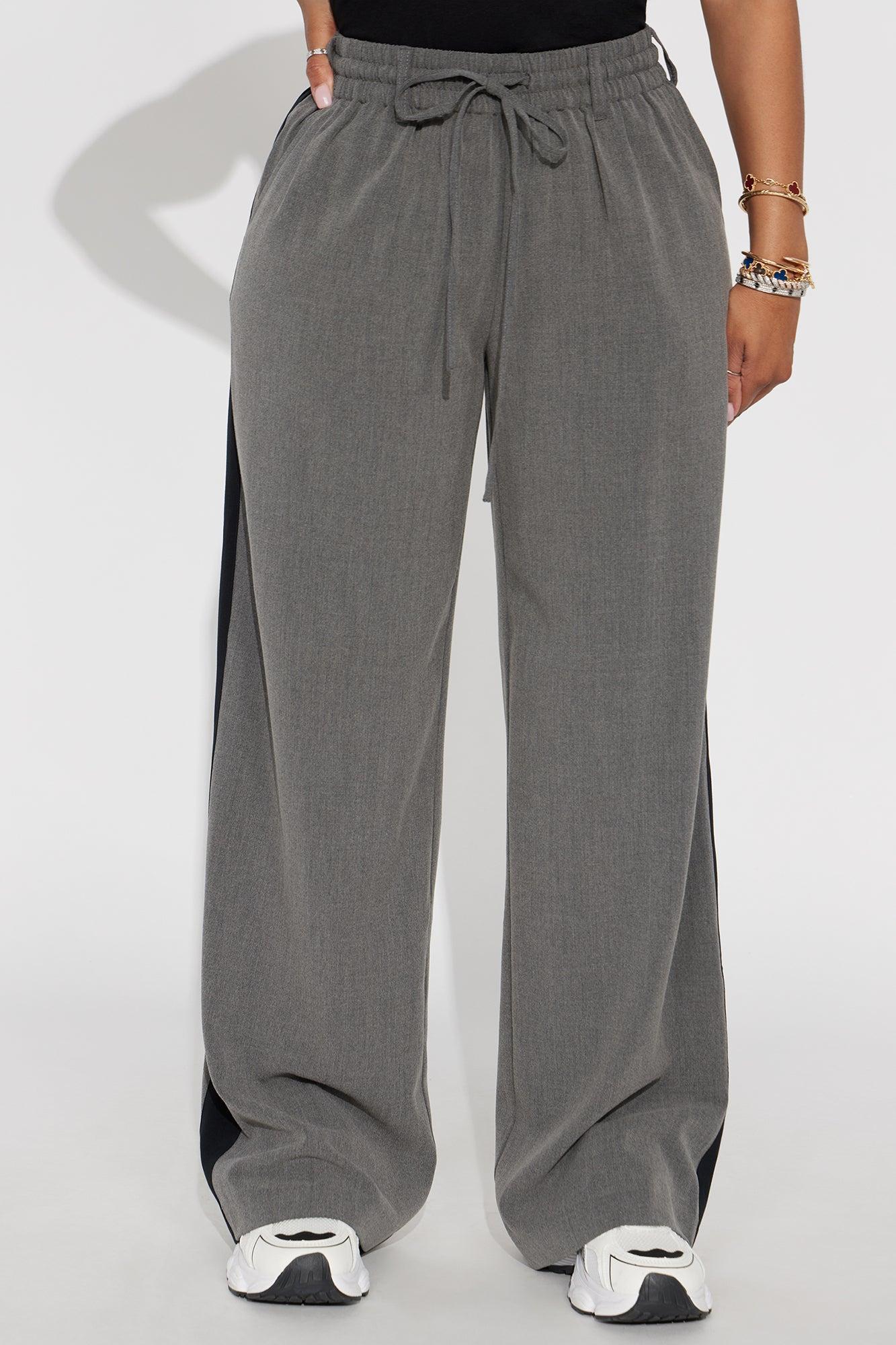 On Track Wide Leg Woven Side Stripe Pants - Charcoal Product Image