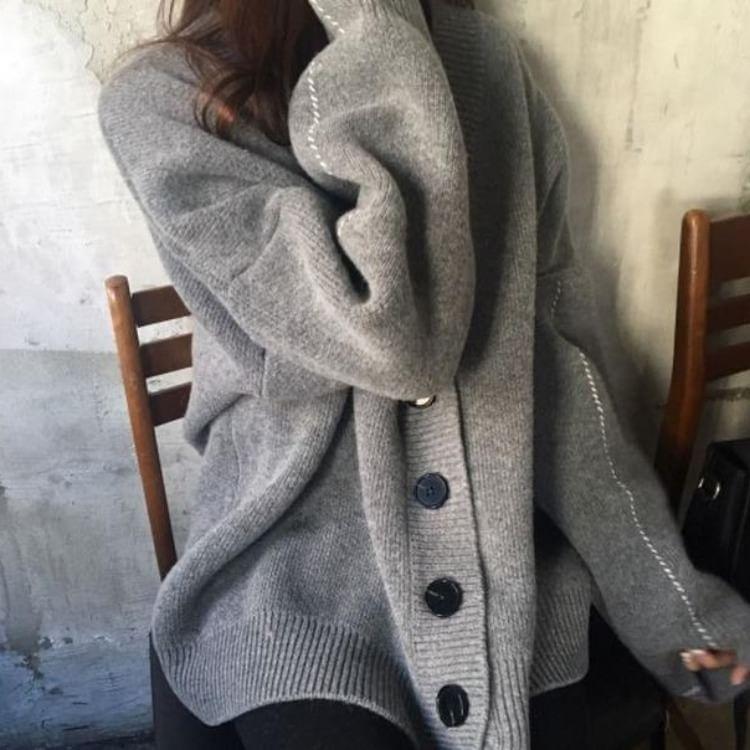 V-Neck Contrast Stitched Button-Up Cardigan Product Image