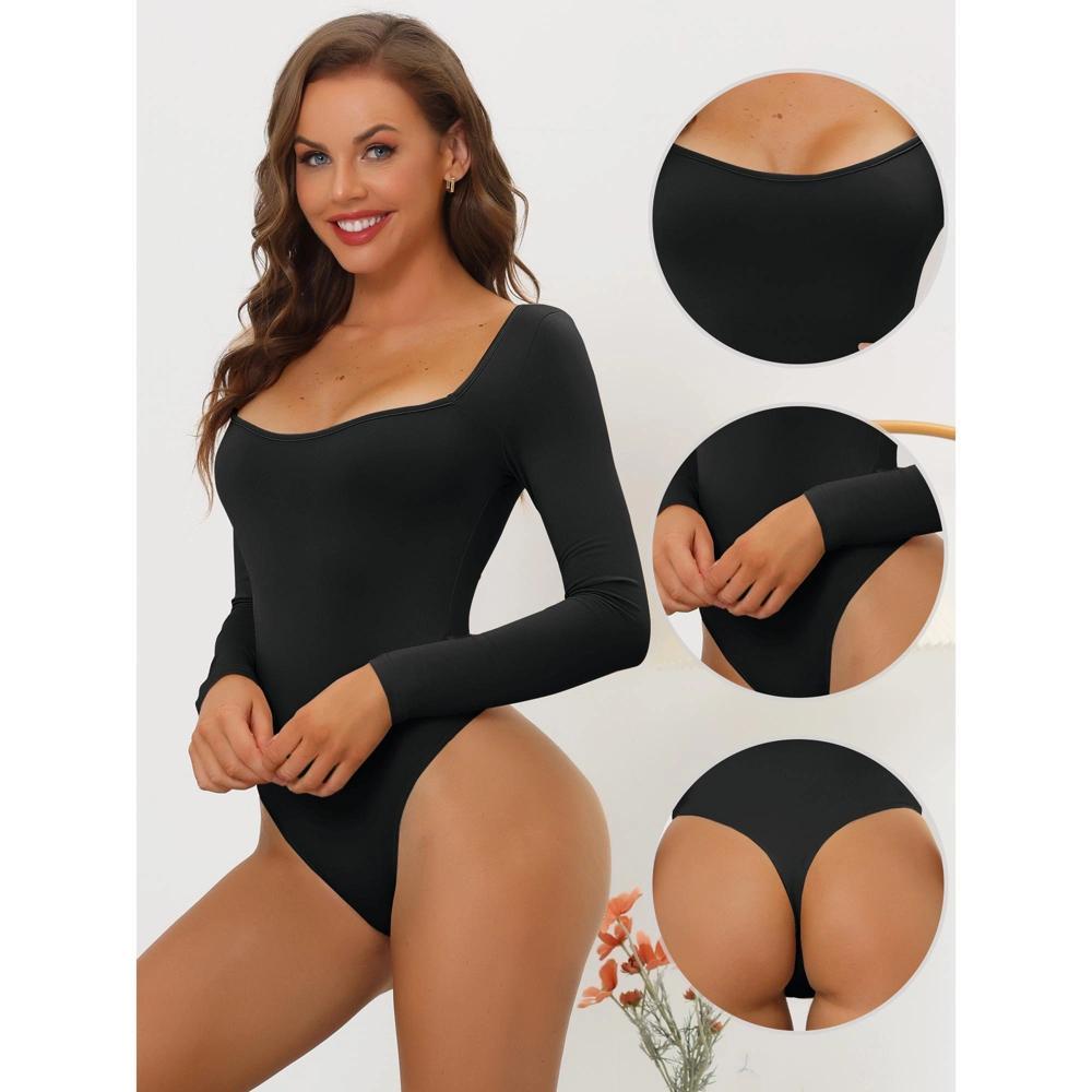 Allegra K Women's Long Sleeve Slim Fit Stretchy Square Neck Leotard Jumpsuit Product Image