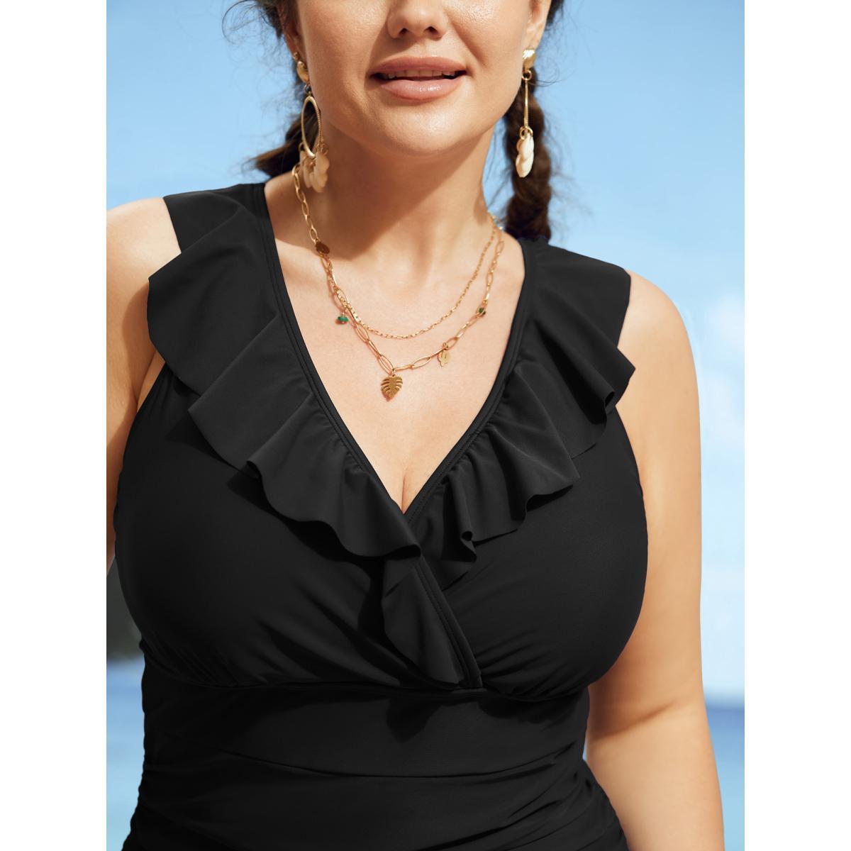 Plus Size Plain Ruffle Trim Gathered One Piece Swimsuit Women's Swimwear Black Beach Gathered Curve Bathing Suits High stretch One Pieces BloomChic 22-24/3X Product Image