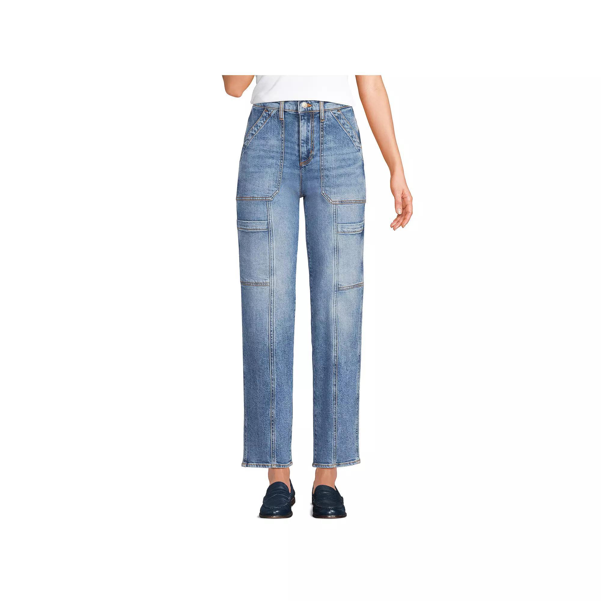 Women's Lands' End High-Rise Utility Cargo Ankle Jeans, Size: 14, River Rinse Product Image