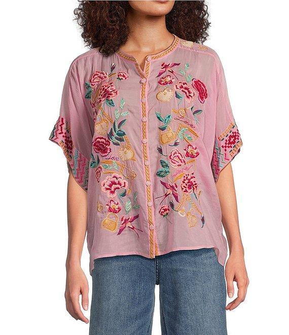 JOHNNY WAS Roylane Embroidered Placement Floral Mandarin Collar 3/4 Kimono Sleeve Blouse Product Image