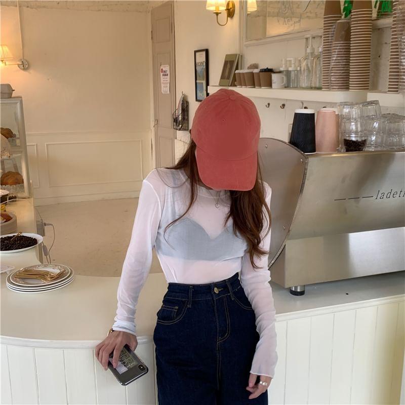 Long-Sleeve Crew Neck Plain Mesh Slim Fit T-Shirt Product Image