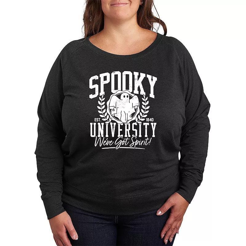 Plus Size Spooky University French Terry Long Sleeve Tee, Womens Grey Green Product Image