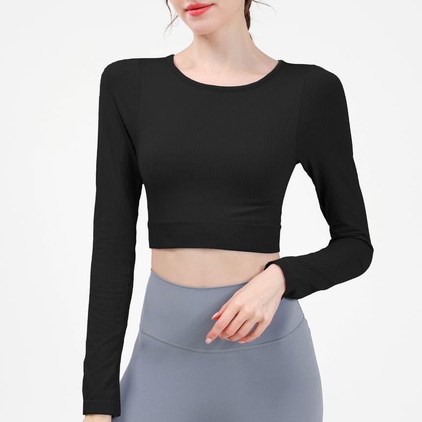 Long-Sleeve Round Neck Plain Crop Yoga T-Shirt Product Image