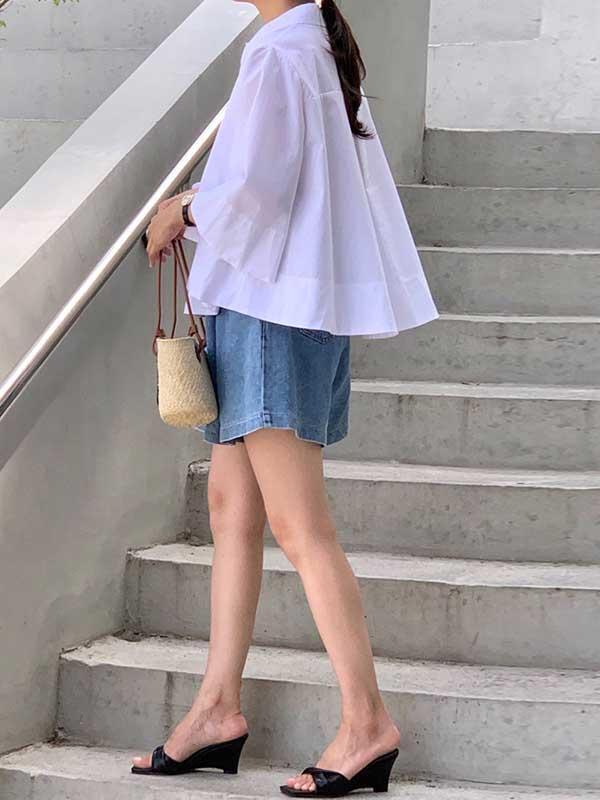 A-Line Flared Sleeves Buttoned Pleated Solid Color Lapel Blouses&Shirts Tops Product Image