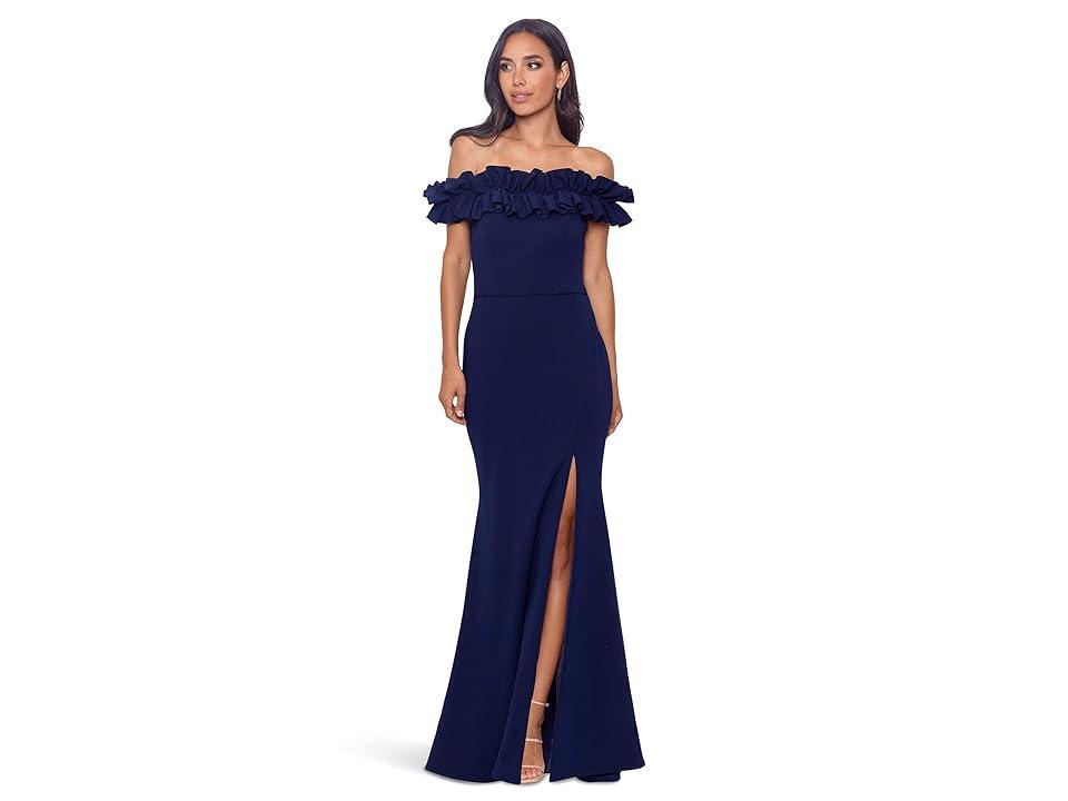 Xscape Petite Size Ruffled Off-the-Shoulder Short Sleeve Crepe Sheath Gown Product Image
