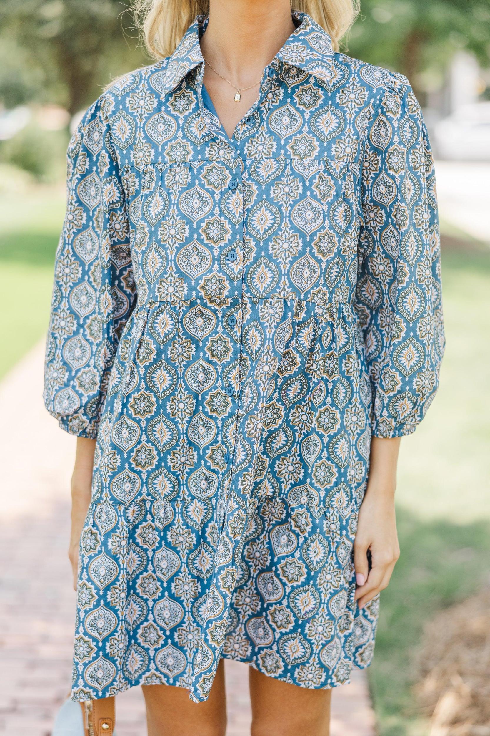 On Your Way Teal Blue Medallion Babydoll Dress Female Product Image