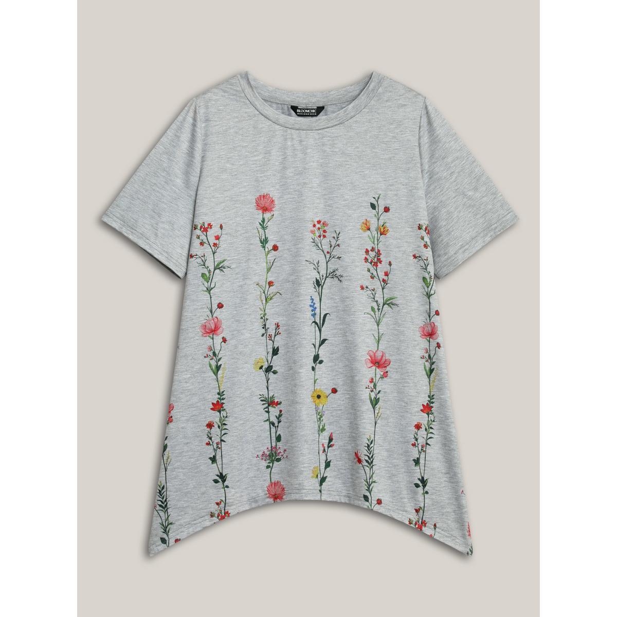Plus Size Stretchy Hi-Low Hem Floral T-Shirt LightGray Women Elegant Asymmetrical Natural Flowers Round Neck Loose Everyday T-shirts BloomChic 22-24/3X Product Image