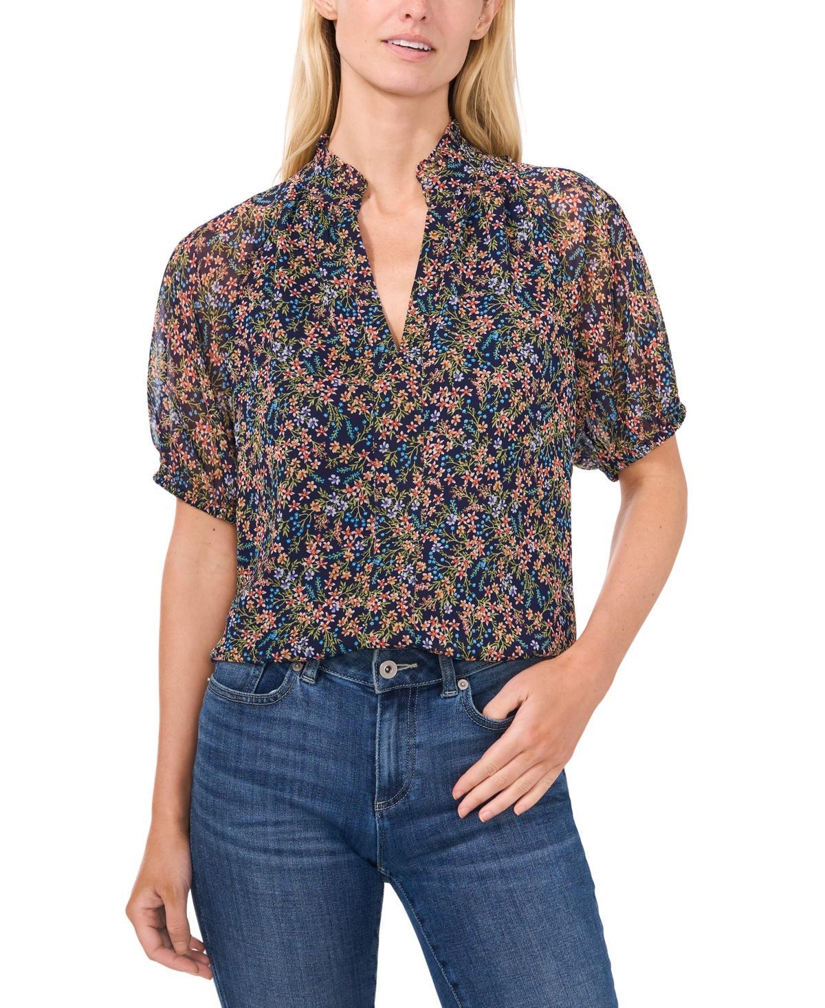 CeCe Printed Ruffle Neck Raglan Seam Split Neck Blouse (Classic ) Women's Clothing Product Image
