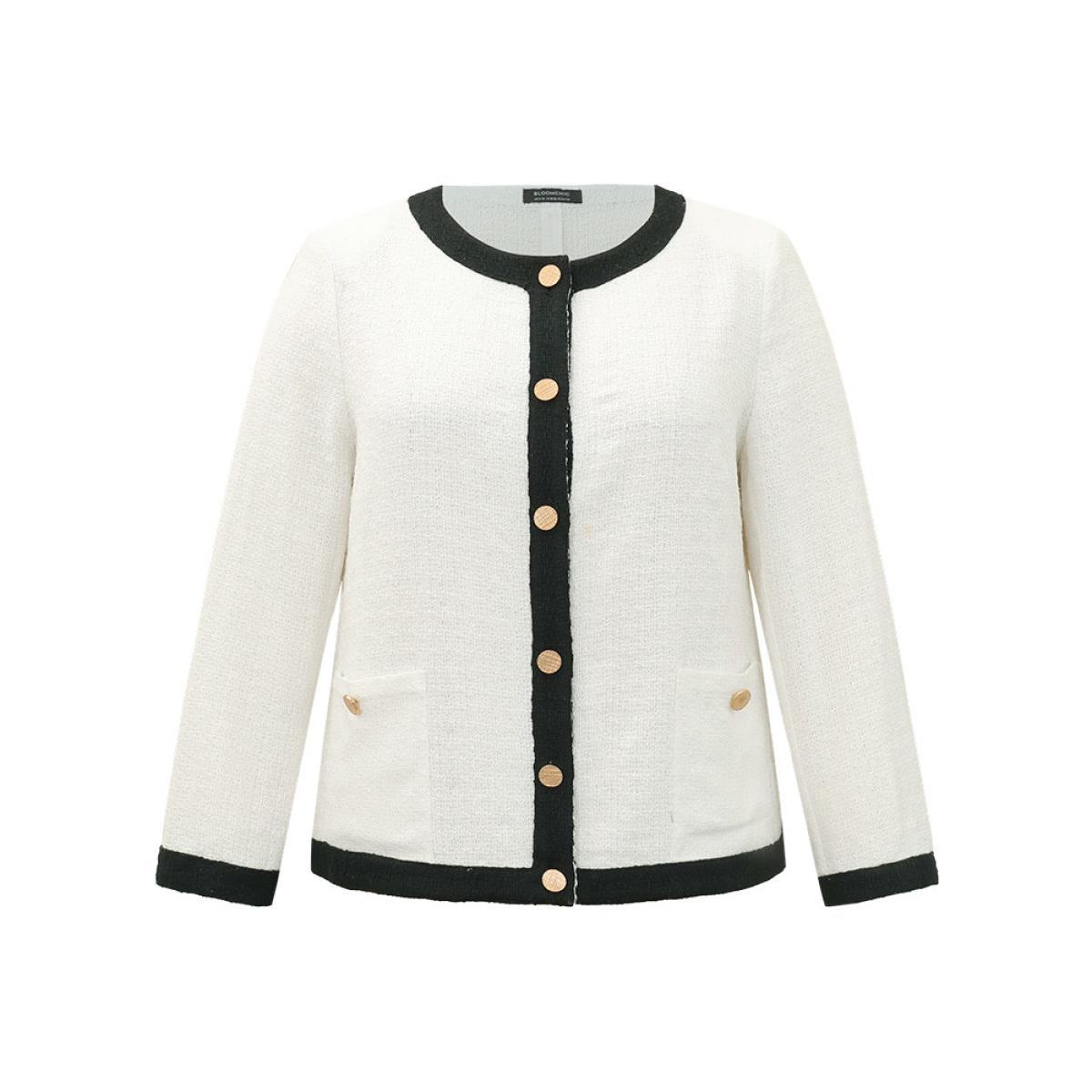Plus Size Two Tone Tweed Buckle Detail Pocket Blazer White Women Work Plain Texture Sleeve Long Sleeve Round Neck 22-24/3X Pocket Work From Home Blazers BloomChic Product Image