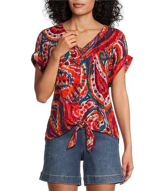 Westbound Paisley Overly Short Sleeve V-Neck Tie Front Top Product Image