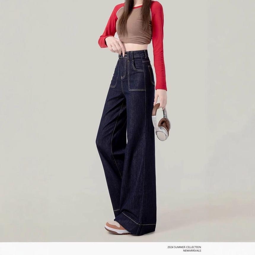 High Waist Contrast Stitched Wide Leg Jeans Product Image