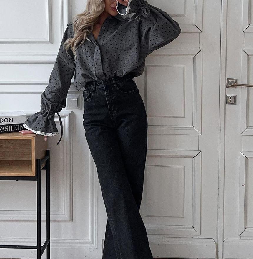 Bell Sleeve Lace-Trim Heart Print Loose-Fit Shirt Product Image
