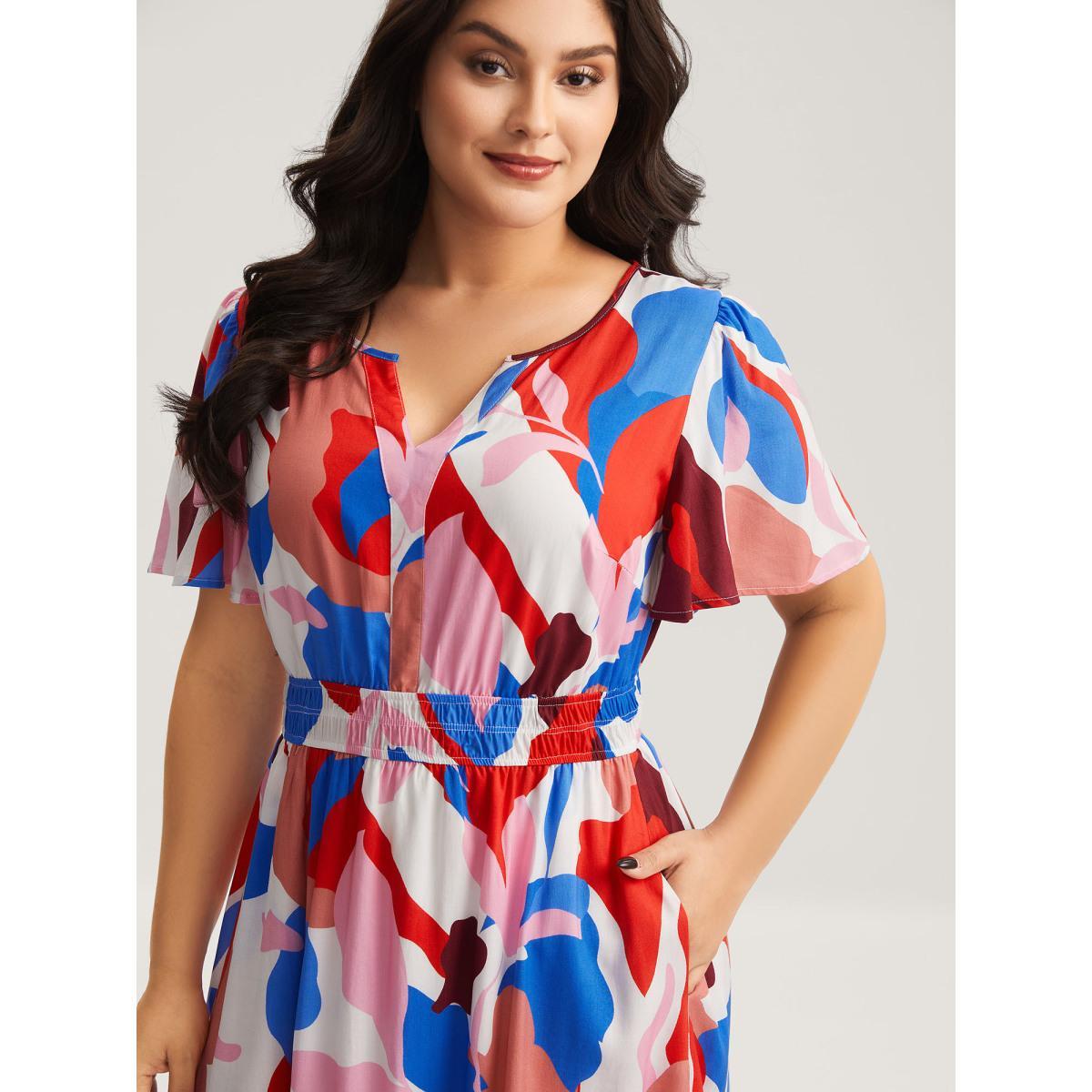 Plus Size Color Block Stretchy Notched Midi Dress Multicolor Women Flat collar with V-notch Cap Sleeve Curvy BloomChic 30/6X Product Image