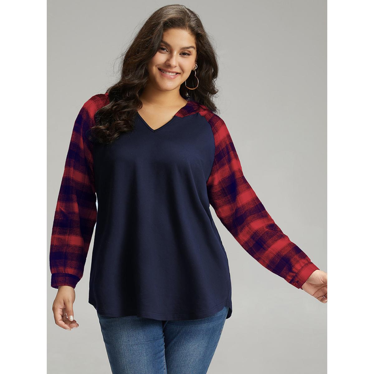 Plus Size Plaid Print Hooded Patchwork Sweatshirt Women Midnight Casual Patchwork Hooded Everyday Sweatshirts BloomChic 10/M Product Image