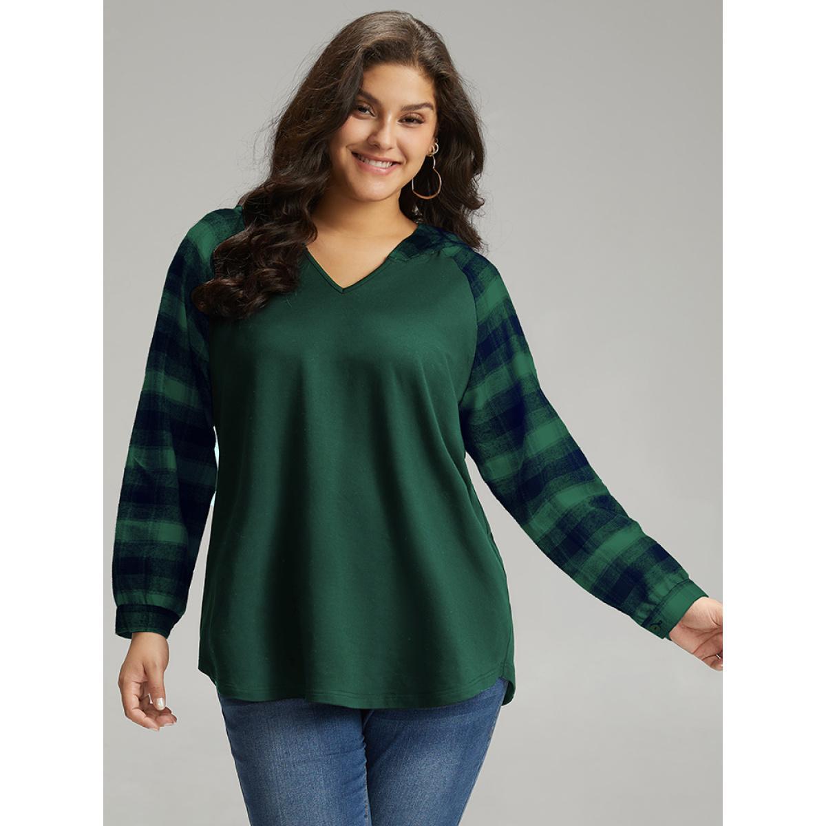 Plus Size Plaid Print Hooded Patchwork Sweatshirt Women DarkGreen Casual Patchwork Hooded Everyday Sweatshirts BloomChic 28/5X Product Image