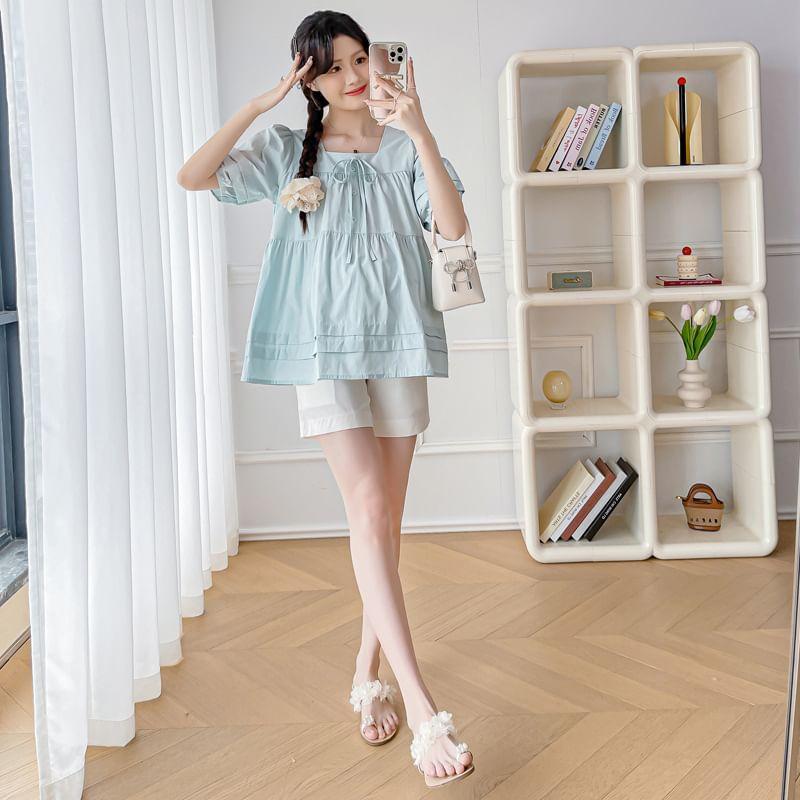Maternity Short-Sleeve Square Neck Plain Tie Neck Blouse Product Image