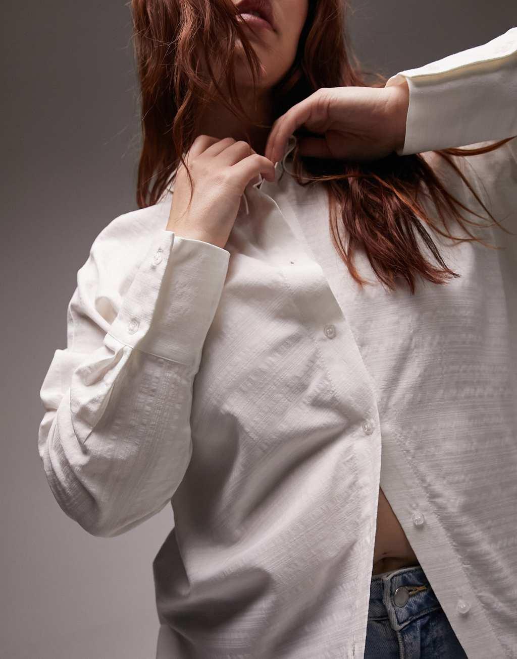 Topshop Curve seersucker shirt in white  Product Image