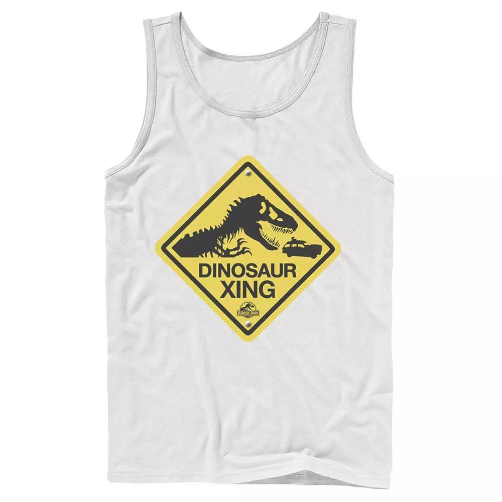 Men's Jurassic Park Dinosaur Crossing Yellow Sign Tank Top, Size: Small, Grey Product Image