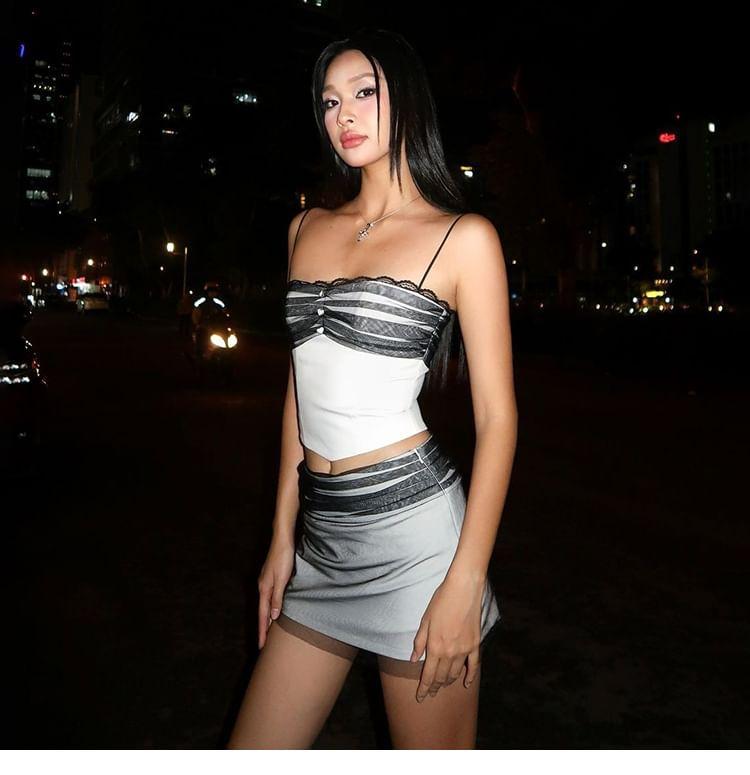 Set: Plain Mesh Panel Lace Trim Cropped Cami Top + Mid Waist Mini Pencil Skirt Product Image