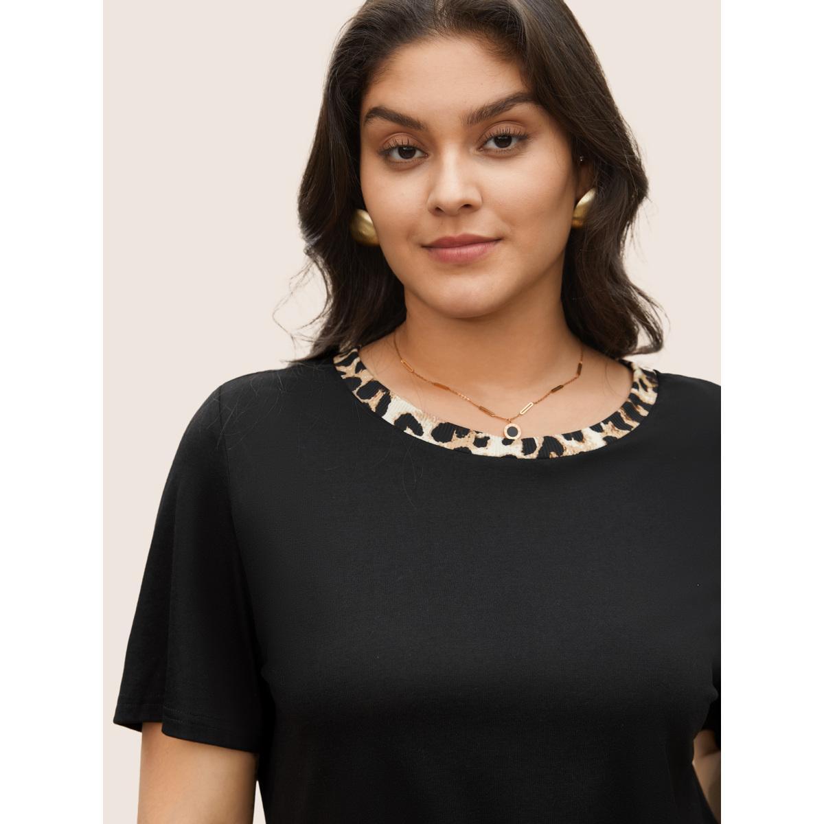 Plus Size Round Neck Leopard Print Patchwork T-shirt Black Women Casual Patchwork Leopard Round Neck Everyday T-shirts BloomChic 14-16/1X Product Image