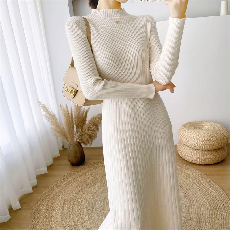 Long-Sleeve Mock Neck Plain Ribbed Midi A-Line Knit Dress Product Image